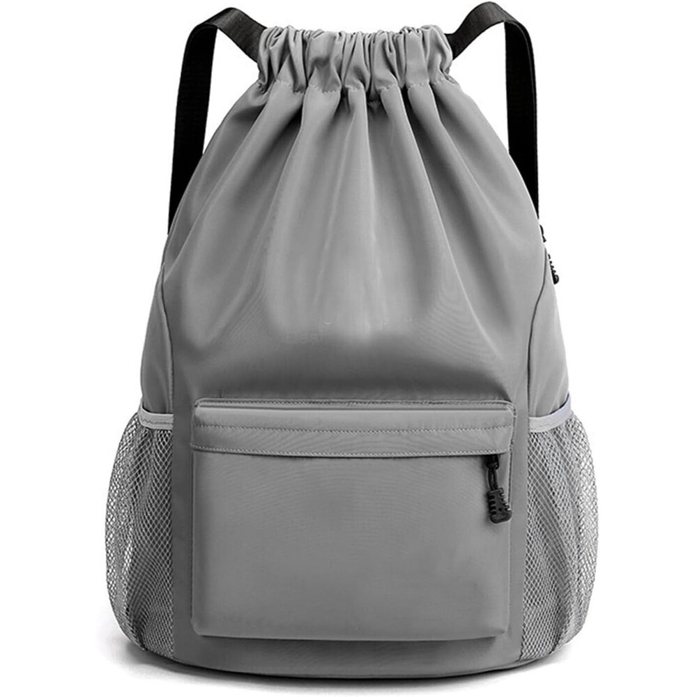 Sports Drawstring Backpack String Swimming Gym Bag with Shoes Grey
